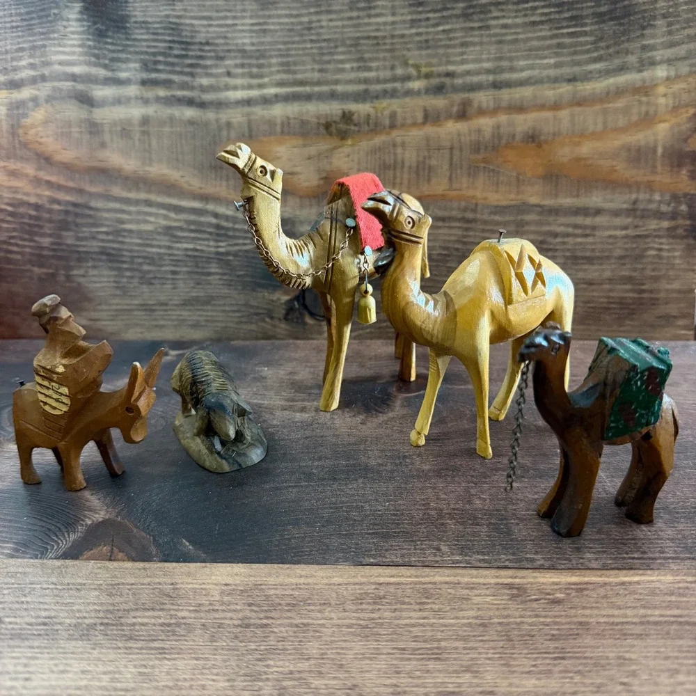 Vintage Hand Carved Olive Wood Nativity Animal Figurines Set of 5 Camels Donkey